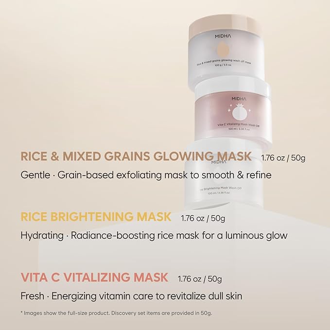 MIDHA RICE WASHOFF MASK DISCOVERY SET, 1.76oz x 3/50g, Dull Skin Care, Hydrating and Soothing, Pore Refining Treatment, Vitamin C face mask, Skincare for Travel, Mini Skincare Kit, 3-in-1 Set