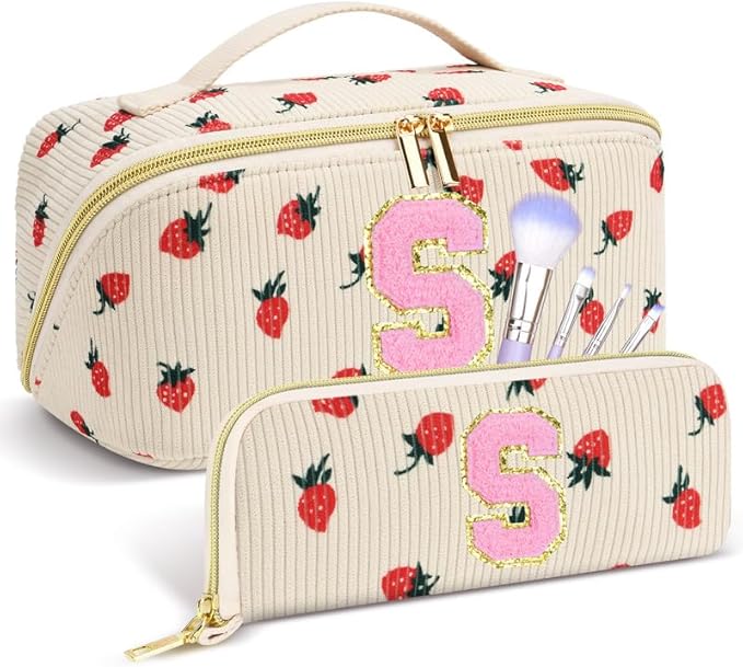Personalized Travel Makeup Bag Set,Initial Travel Strawberry Makeup Organizer Bag,Toiletry Skincare Cosmetic Bag, Valentine's Day Gifts for Women/Girls/Teen,Open Flat Toiletry Pouch with Brush Bag