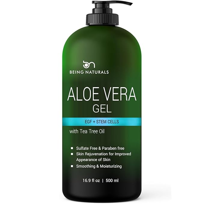 Being Naturals Aloe vera Gel - from 100% Pure Organic Aloe Infused with EGF, Stem Cell, Rosemary Oil - Natural Raw Moisturizer for Face, Body, Hair. Perfect for Sunburn, Acne, Razor Bumps 16.9 fl oz