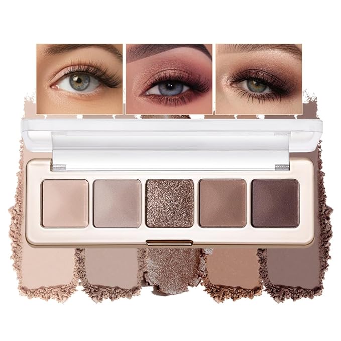 5-Color Eyeshadow Palette, Matte & Shimmer Neutral Browns, Low Saturation High Pigment, Blendable Buildable Waterproof, Smooth Skin-Friendly, 1#