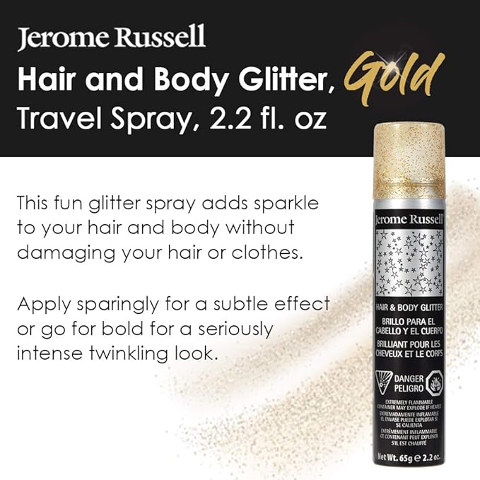 Jerome Russell Temporary Hair and Body Glitter Color Spray, Travel Spray, Lightweight, Adds Sparkly Shimmery Glow, Perfect to use On Hair, Skin, or Clothing, 2.2 oz - Glitter GOLD x 1 Pack