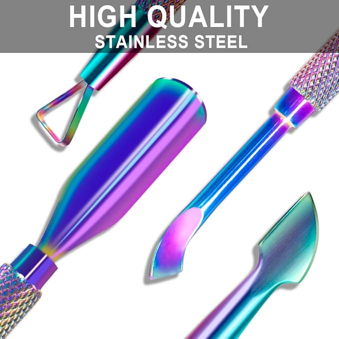 2PCS Metal Cuticle Pusher and Scraper (Chameleon/Rainbow), Colorful Nail Trimmer Cutter Stainless Steel Gel Scraper Tool, Polish Remover Peeler Salon Manicure Cleaner for Fingernail and Toenail
