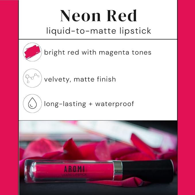 Aromi Matte Liquid Lipstick | Bright Magenta Red Lip Color, Long-Lasting, Transfer and Smudge Proof, Waterproof, Paraben, Phthalate, + Gluten Free (Neon Red)