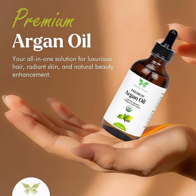 USDA Certified Organic Argan Oil (4 Oz) 100% Pure Natural, Chemical-Free, Vegan, Hexane-Free, Healthy Hair Growth, Scalp Care, Skin Hydration, Natural Beauty Enhancement