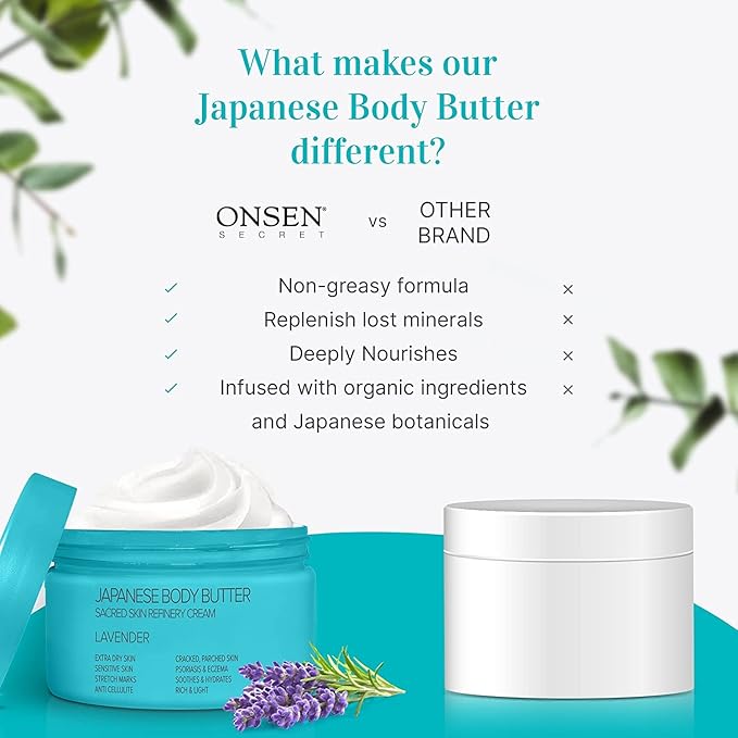 Onsen Japanese Body Butter for Women - Skin Refinery Cream Natural and Organic Shea Butter Moisturizing Clear Skin Exfoliator with Coconut Oil and Vitamin E - 8.6 fl oz / 255 ml (Lavender)