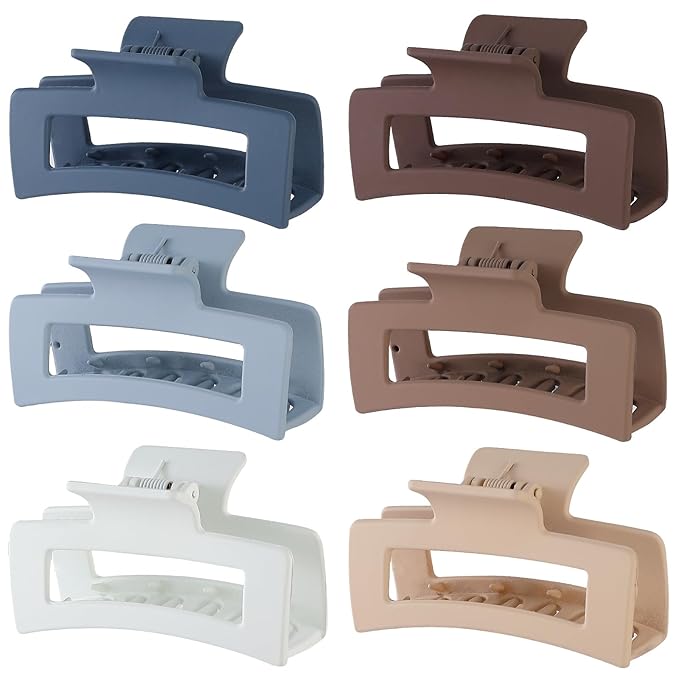 Hair Clip, 3.5 Inch Medium Hair Claw Clips 6 Pack for Women - Brown, Blue, Beige, White, Square, Rectangle, Banana, Jaw Styles