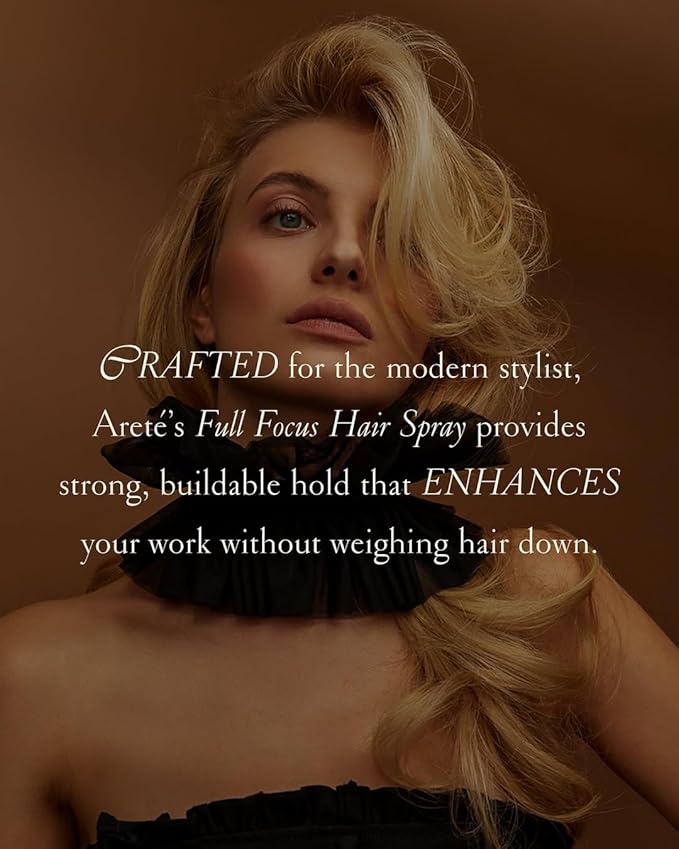 ARETÉ Full Focus Finishing Hair Spray, Strong, Buildable Hold, Shiny Finish, Anti Frizz Hairspray for Women Fine Hair with Edelweiss, Wild Carrot, Star Anise, Peruvian Ginseng, Made in USA, 8oz