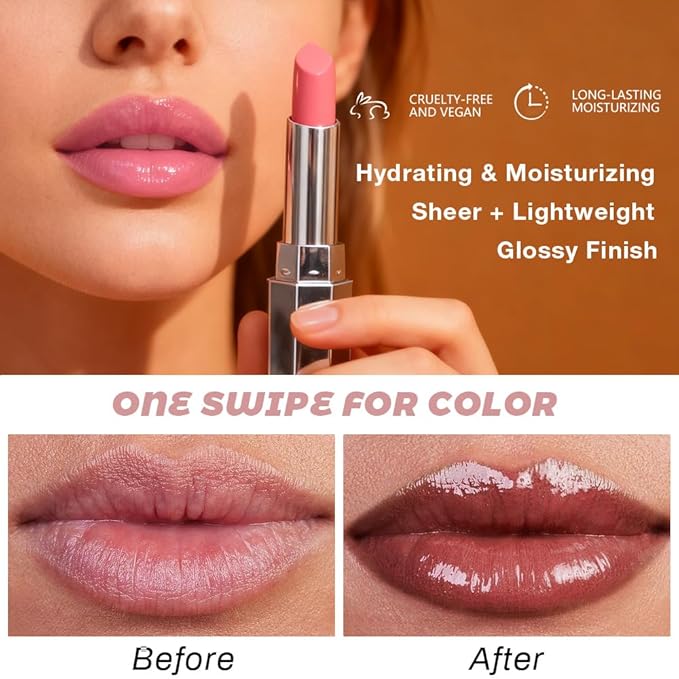 Kaely 2Pcs Honey Lipstick Tinted Lip Balm, Hydrating Shine Lipstick for Women Dry Lips, Moisturizing Nourishing Glossy Lip Gloss Stain Makeup, Sheer Lightweight, Vegan, 00+02 Pink