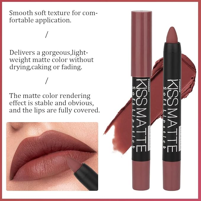 evpct 3Pcs Nude Beige Dark Light Brown Yellow Matte Lipstick and Lip Crayon Lip Liner Stick Pencil duo Makeup Set Long Lasting 24 Hour Waterproof Lip Gloss labiales mate 24 horas originales 08&17&19