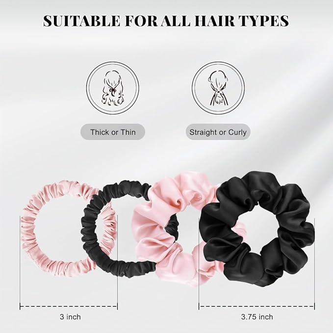 4Pcs Satin Silk Scrunchies for Women, Satin Hair Ties No Damage 2 Big & 2 Small, Soft Non-Slip Scrunchie (Fashion Black & Pink)