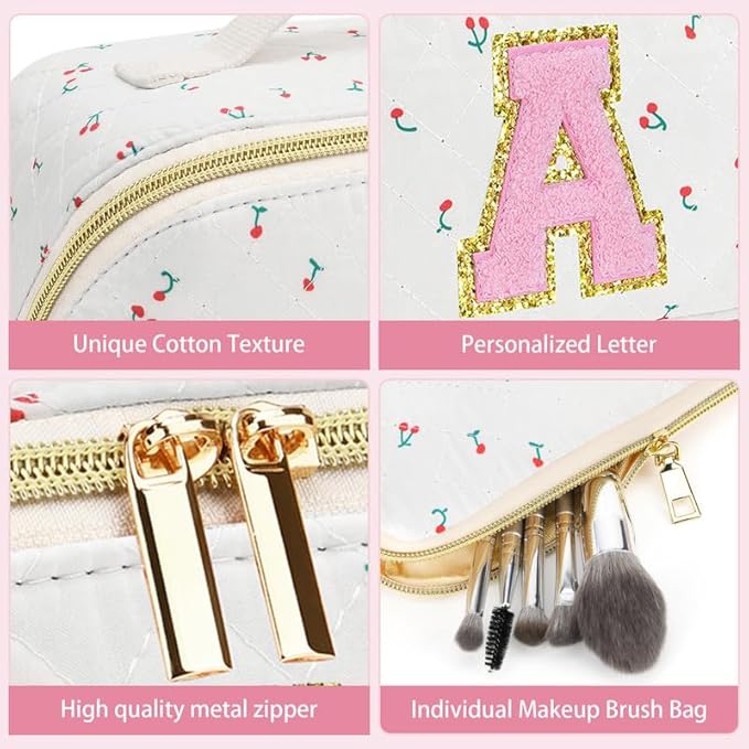 Personalized Travel Makeup Bag Set, Initial Cute Cherry Makeup Organizer Bag, Toiletry Skincare Cosmetic Bag, Valentine’s Day Gifts for Women/Girls, Open Flat Toiletry Pouch with Brush Pocket