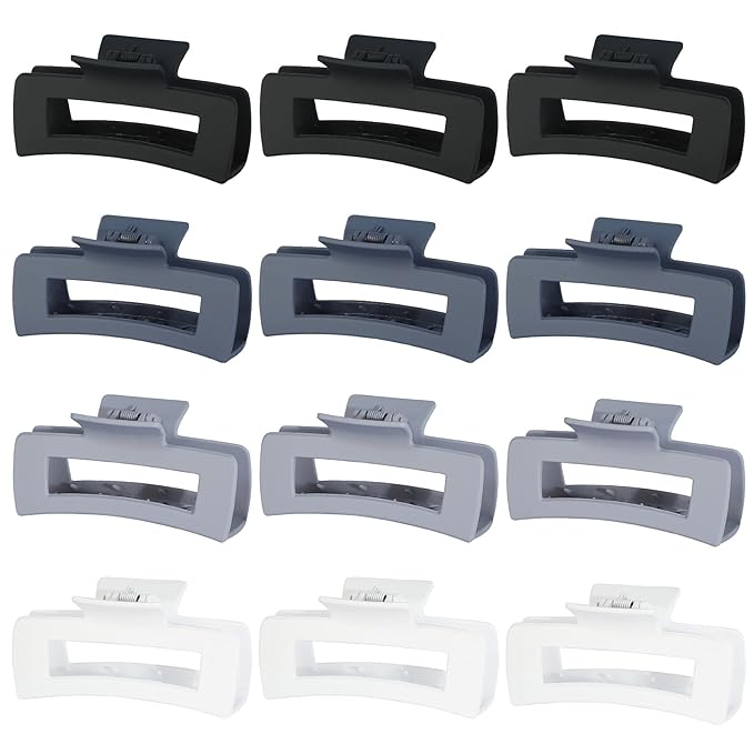12 Pcs Large Hair Clips for Women, 4.2 Inch Square Claw Clips, Colorful Hair Claw Clips for Thick and Thin Hair, Bulk Hair Accessories for Women and Girls - Grey