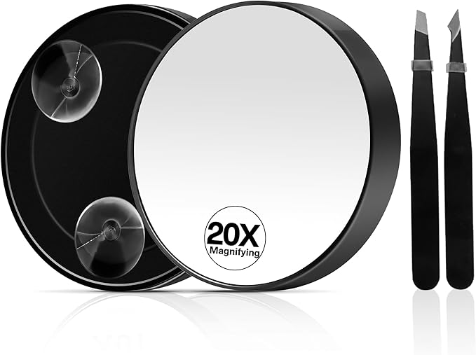 20X Magnifying Mirror, Magnified Makeup Mirror with 2 Tweezers, Magnifying Mirrors with Suction Cup for Bathroom, Travel Mirrors for Women, Ideal for Makeup, 3.5 Inches (Black)