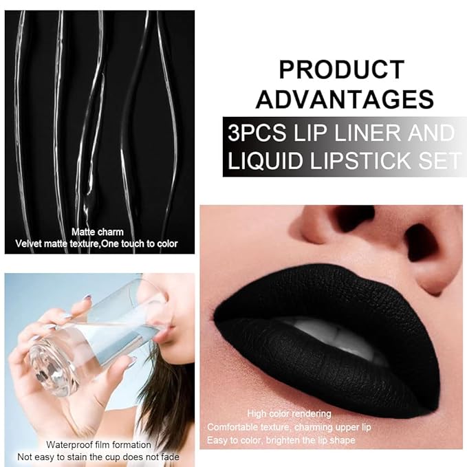 evpct 3Pcs Dark Black Purple Royal Blue Matte Lip Liner and Liquid Lipstick Lip Stain Makeup Set Smudge Proof, 24 Hours Original Long Lasting Matte Lipstick Waterproof labial mate larga duracion 24