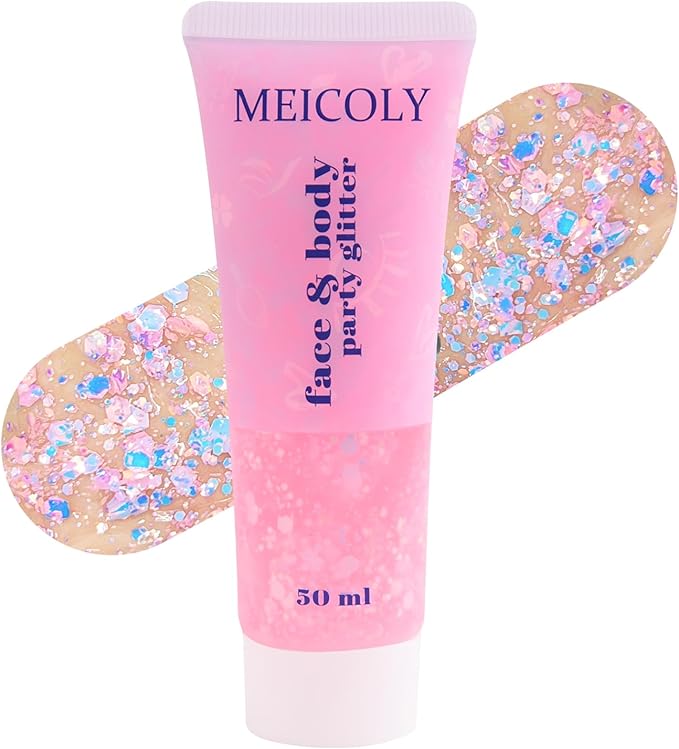 MEICOLY Chameleon Baby Pink Body Glitter,Pink Turn to Purple Face Glitter Paint,Color Changing Mermaid Face Glitter Gel for Halloween,Chunky Glitter for Face Body Hair,Festival Party Glitter Makeup