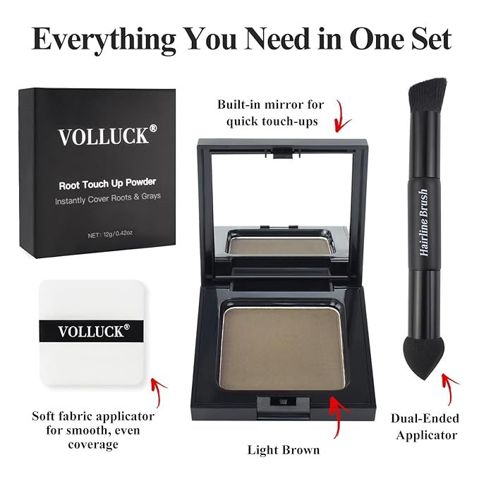 VOLLUCK Root Touch up Powder, Long-lasting Gray Hair Cover up Powder for All Hair Types, Waterproof for Women and Men (Light-Brown, 0.42 0unce)