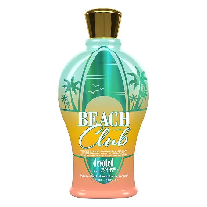 Devoted Creations Beach Club - Exclusive Skin Softening Copper Peptides + Elite Collagen Banking Complex with Peach Nectar & Acai Berry Extracts Indoor/Outdoor Dark Tanning Lotion