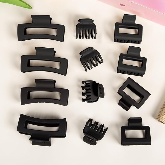 12 PCS Hair Claw Clips for Women – Small Medium Large Claw Clips for Thin or Thick Hair (Black)