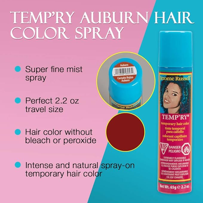 Jerome Russell Auburn Spray-On Hair Color - Intense, Fast-Drying, Non-Sticky, Travel Size Hair Dye for Vivid, Instant Color, 2.2 oz