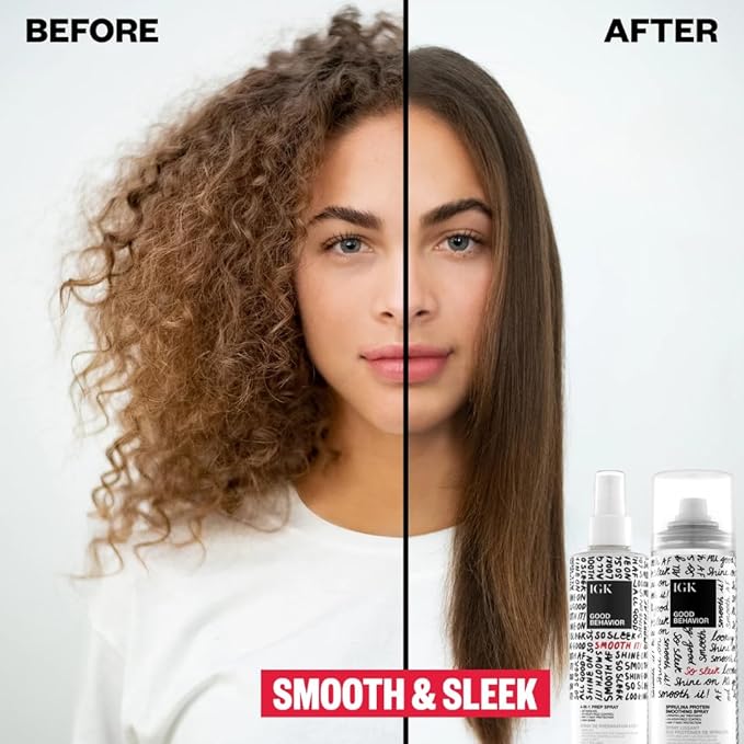 IGK GOOD BEHAVIOR Smoothing Frizz Fighters Set | 4-in-1 Prep Spray + Spirulina Protein Smoothing Spray | Frizz Control + Heat Protectant | Vegan + Cruelty Free