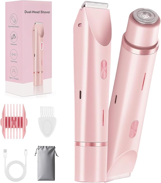 2-in-1 Bikini Trimmer for Women, Bikini Shaver, Dual Head Electric Razor, IPX7 Waterproof Wet/Dry, USB Rechargeable for Pubic/Underarm/Leg, Pink