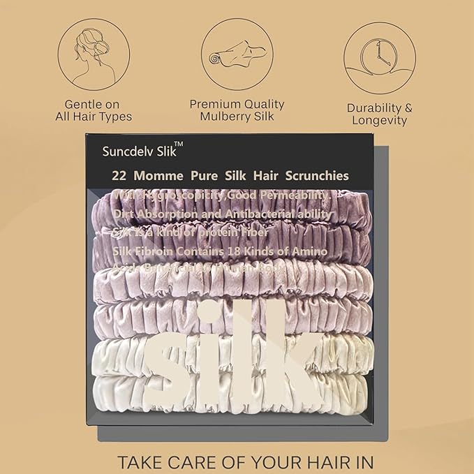 Suncdelv Silk,100% Silk Scrunchies for Hair,22 Momme Hair Ties for Anti-Crease & Breakage,Natural Women Hair Accessories，Fashion Hairbands 6PCS(Bean Paste, Rose Gold, Rice White)