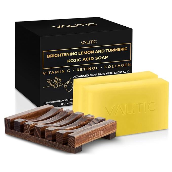 VALITIC Brightening Lemon & Turmeric Kojic Acid Soap with Vitamin C, Retinol, Collagen - Original Japanese Complex - with Hyaluronic Acid, Vitamin E, Shea Butter, Castile Olive Oil 2 Pack+Holder