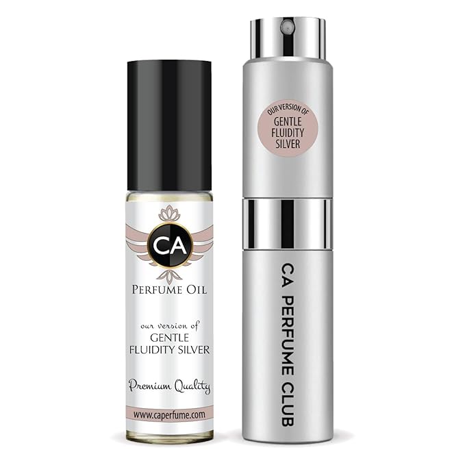 CA Perfume Duo Impression of Gentle Fluidity Silver For Women And Men Perfume Layering Set Long Lasting Travel Size EDP + Body Oil Roll-On Bottle 0.27 Fl Oz+0.33 Fl Oz