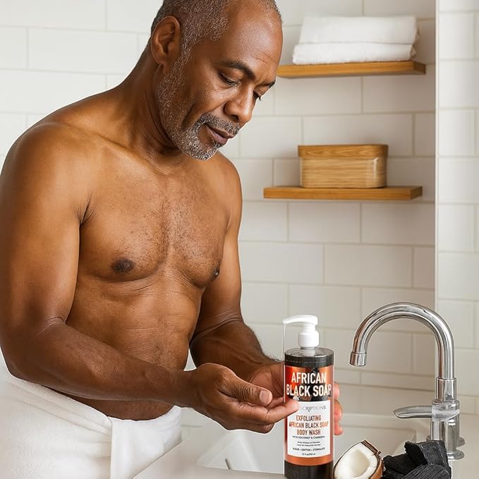 SpaScriptions Exfoliating African Black Soap Body Wash - 32 fl oz Moisturizing Scented Body Scrub with Charcoal & Coconut for Glowing Skin and Gentle Cleansing Natural Exfoliants, Paraben Free