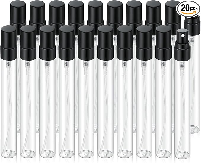 20Pcs 10ml Empty Clear Glass Mist Spray Bottle Refillable Mini Perfume Atomizer Travel Sample Bottle with Black Aluminized Nozzle Makeup Container for Perfume (10ml Black Caps)