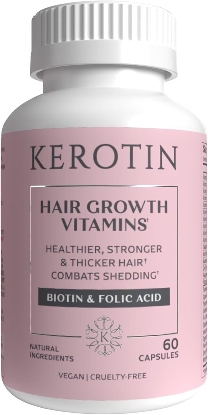 Kerotin Hair Growth Vitamins, Biotin Supplement, DHT Blocker, Collagen Stimulator, for Hair Loss Support, Nail & Skin Care, Includes Saw Palmetto, Vitamin D3 & More - 60 Pills (1 Month Supply)