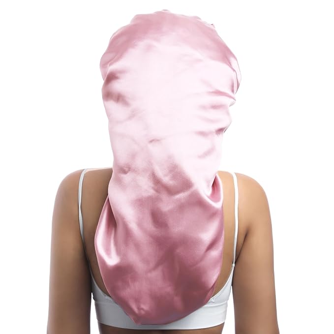 AWAYTR Long Satin Bonnet for Braids - Elastic Silk Hair Bonnets for Sleeping Night Cap Stretchy Tie Band for Women（Pink）