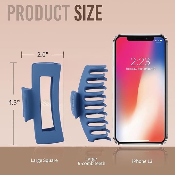 Blue Hair Clips for Women - 8 Pack 4.3 Inch Large Hair Claw Clips for Women Thin Thick Curly Hair, Big Matte Banana Clips,Strong Hold jaw clips