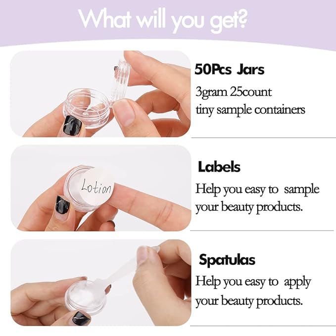 3 Gram Sample Containers With Lids, 50 Count Clear Jars, Empty Lip Balm, Mini Cosmetic With Labels, Makeup Travel, Mini Disposable Spatulas