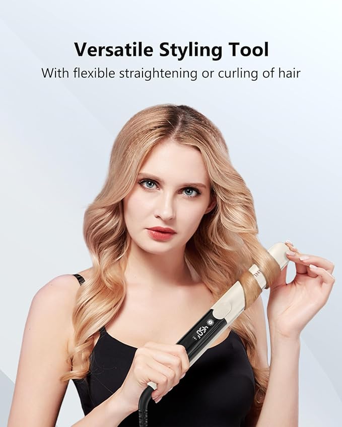 Hair Straightener 1 Inch Flat Iron and Curler 2 in 1 Titanium Ceramic Ionic Dual Voltage Straightener with Heat-Resistant Silicone, for Less Frizz, Shinier & Smoother