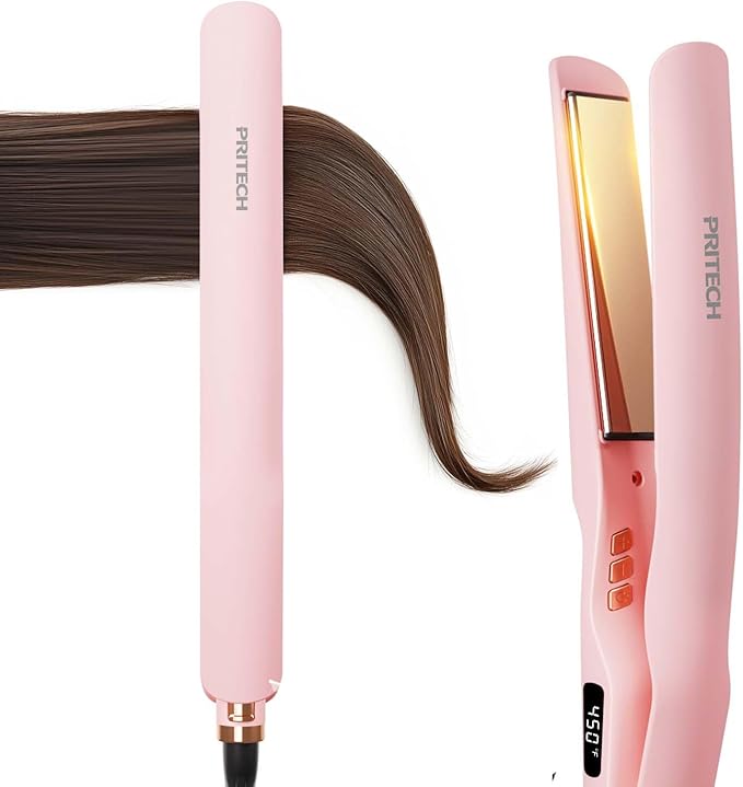 Flat Iron Hair Straightener 1 Inch Titanium - Fast Heating Pink Hair Straightener， Negative Ions Flat Iron 12 Temp (230°F-450°F), Auto Shut Off, Temp Memory & Dual Voltage for Smooth Silky Hair