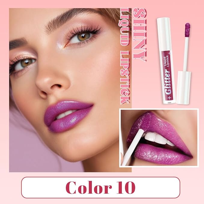 AMY'S DIARY Purple Sparkle Liquid Lipstick, Shimmer Metallic Lip Gloss, Long-Lasting Waterproof Lip Color, High Shine Sparkle Makeup,Lip makeup for woman (10#)