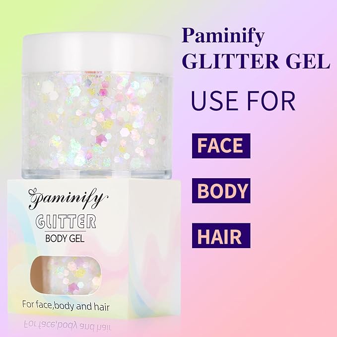 White Face Glitter Gel,Singer Concerts Festival Rave Accessories,Mermaid Body Glitter,Carnival Halloween Hair Glitter Sequins Face Glitter Paint Makeup,Sparkling Chunky for Women&Kids