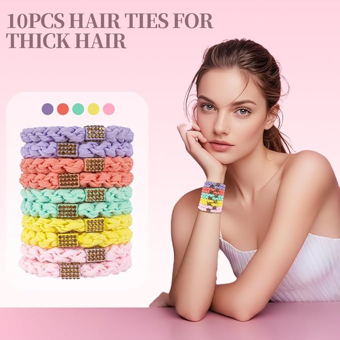 Braided Hair Ties with Crystal Accent, Hair Ties No Damage, 10PCS Ponytail Holders, Elastic Hair Tie for Women Girls's Hair