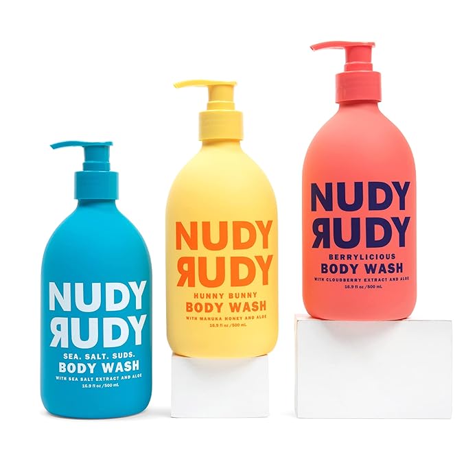 Nudy Rudy 3 Pack Liquid Body Wash Bundle Sea Salt Suds Berrylicious and Hunny Bunny Aloe Manuka Honey Vitamin E Moisturizing Shower Gel Body Wash Skin Care Men and Women 16.9 fl oz