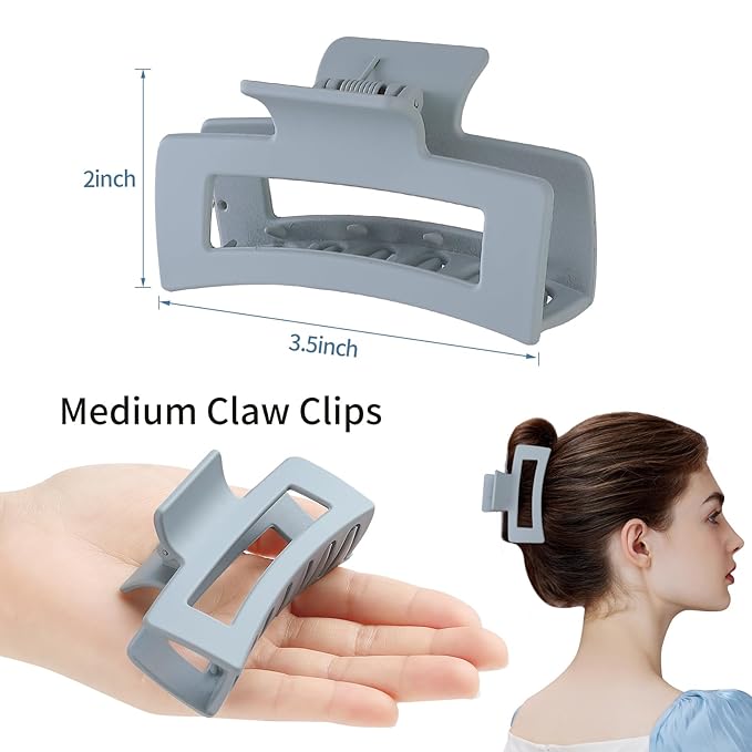 Hair Clip, 3.5 Inch Medium Hair Claw Clips 6 Pack for Women - Brown, Blue, Beige, White, Square, Rectangle, Banana, Jaw Styles