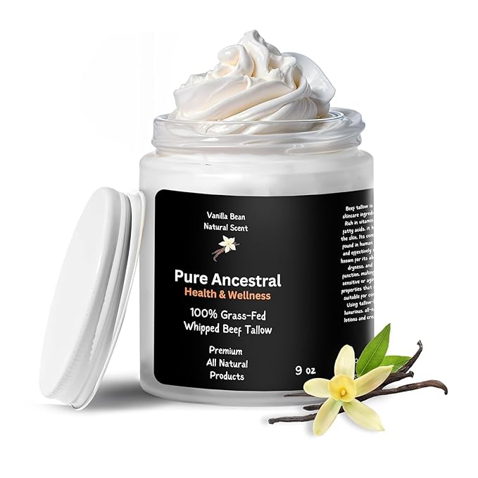 Pure Ancestral Health & Wellness 100% Grass Fed Beef Tallow for Skin Care - Face + Body - Whipped Moisturizer for Sensitive Skin - Natural Lotion | Large 9 Oz Jar. (Vanilla Scented)