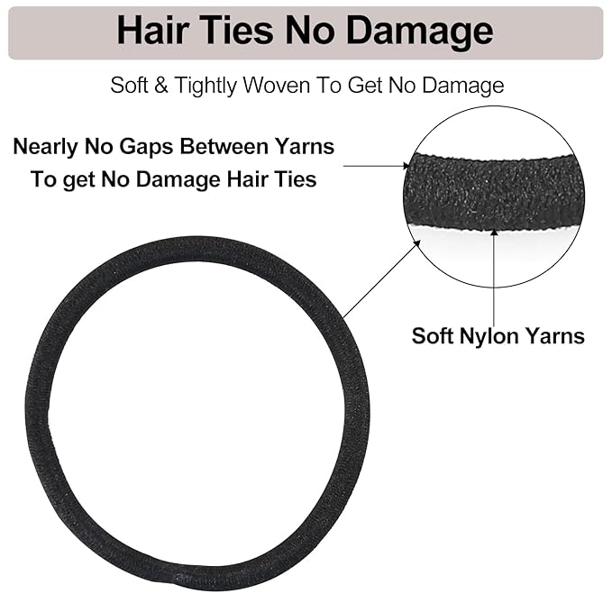 Black Hair Ties No damage 280 Bulk Pack, 4MM Ouchless Elastic Hair Bands for Women's Hair Elastic Ponytail Holders for Ponytails, Thick, Medium, Thin, Fine & Short Hair