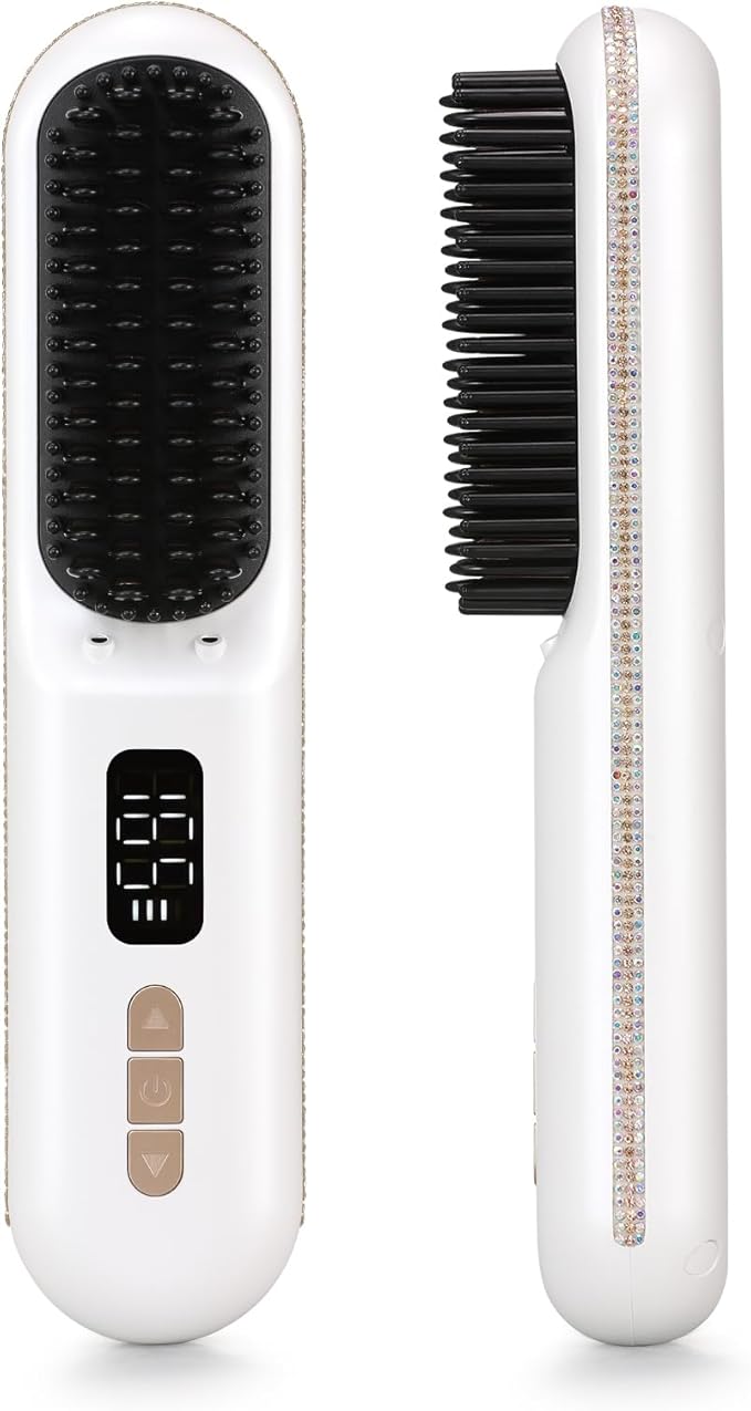Hair Straightener Brush, Portable Cordless Straightening Brush for Travel, Negative Ion Hot Comb Hair Straightener with 9 Temps for Women, Anti-Scald Ceramic, Fast Charge