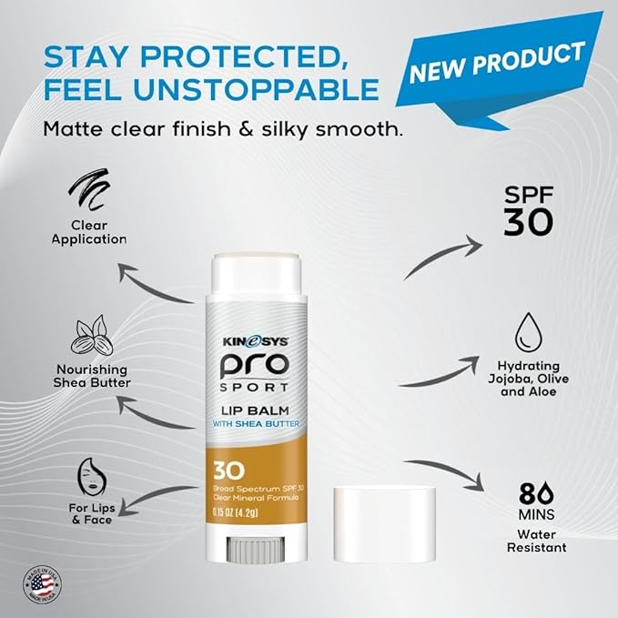 KINeSYS Pro Sport Lip Balm with Shea Butter, SPF30 Broad Spectrum, Moisturizing Lip Care for Outdoor Activities, Water-Resistant & UVA/UVB Protection, Clear Matte Finish (Pack of 2, 0.15 Ounce Each)