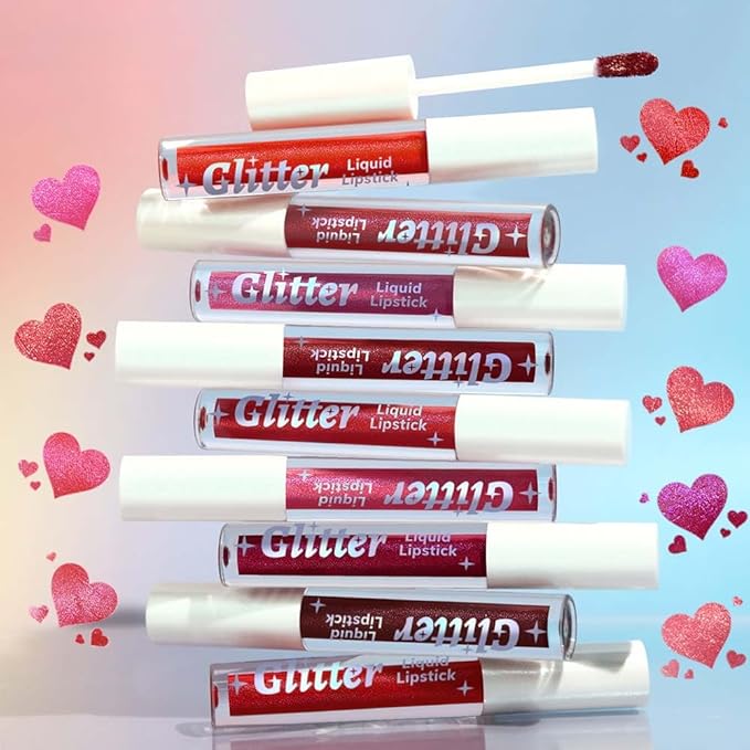 AMY'S DIARY 3Pcs Glitter Liquid Lipstick Set – Coral Pink, Metallic Red, Cherry Rose – Shimmer Metallic Lip Gloss, Long-Lasting Waterproof Lip Color, High Shine Sparkle Makeup for Women (Set B)