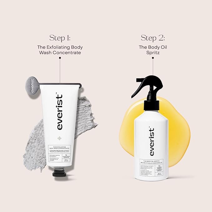 Everist The Silky Skin Ritual Set, 3.4 fl. oz Exfoliating Body Wash Concentrate & 6.09 fl. oz Body Oil Spritz in Jute Travel Bag, Cleansing & Hydrating For All Skin Types