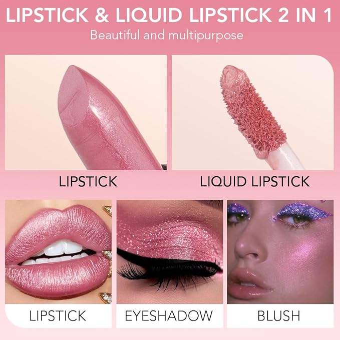 evpct 2 in 1 Light Pink Glitter Metallic Shimmer Diamond Lipstick and Lip Gloss Set for Women Long Lasting Waterproof, Bright Rose Pink Sparkle Glitter Shiny Lipstick and Lip Liner Makeup set, 01#
