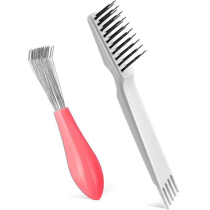 Boao 2 Pieces Hair Brush Cleaning Tool Comb Set 2-in-1 Mini Hair Brush Dirt Remover with Metal Wire Rake for Removing Dust Home and Salon Use (Pink and Gray)