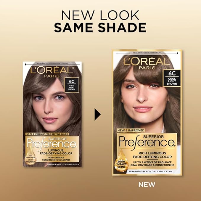 L'Oreal Paris Superior Preference Luminous Fade-Defying Permanent Hair Color, Hair Dye For Up to 9 Weeks of Radiance, Cool Light Brown 6C, 1 Hair Dye Kit